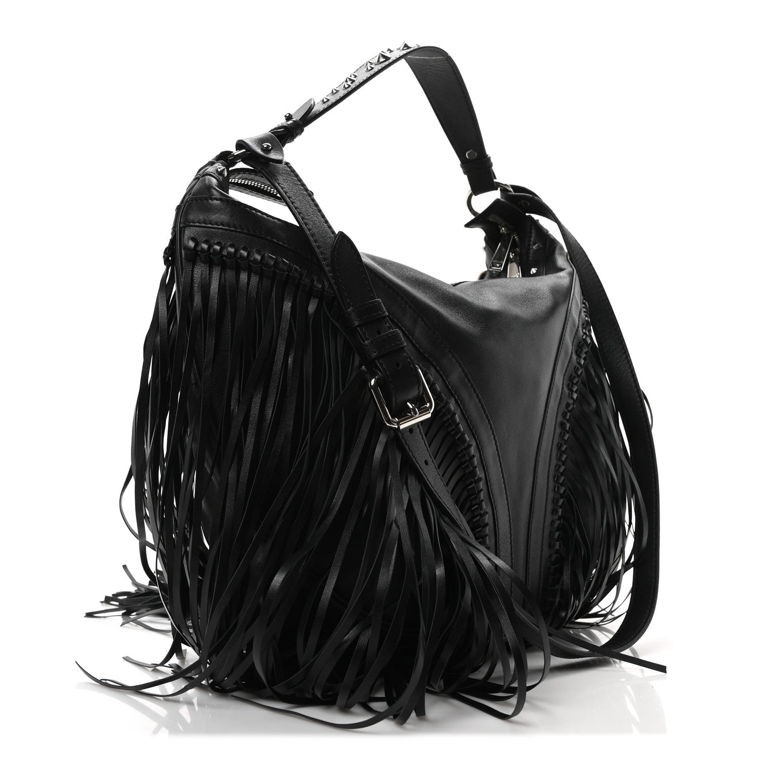 Versace Calfskin Studded Large Fringe Repeat Zip Hobo Black 3 of 10