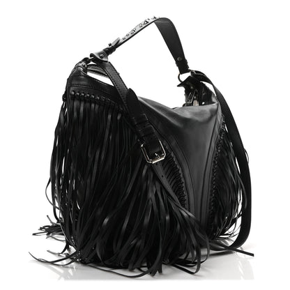 Versace Calfskin Studded Large Fringe Repeat Zip Hobo Black 3 of 10
