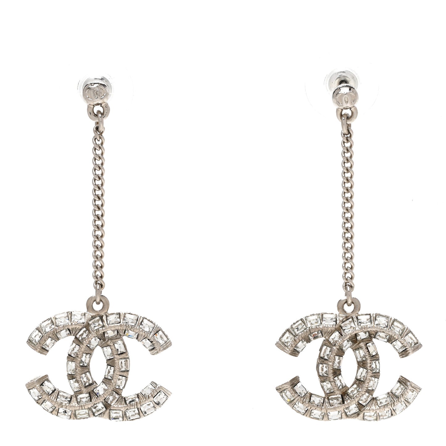 Baguette Crystal CC Drop Earrings Silver