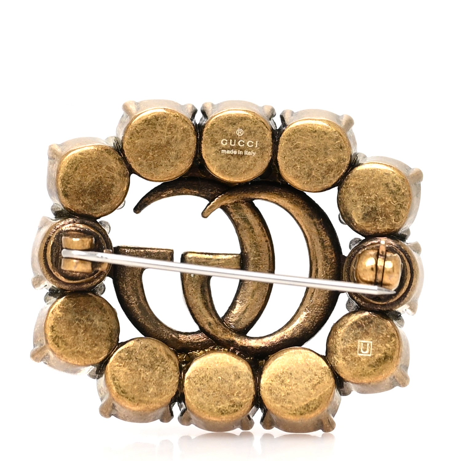 Gucci Metal Crystal Double G Brooch Aged Gold Red 2 of 3