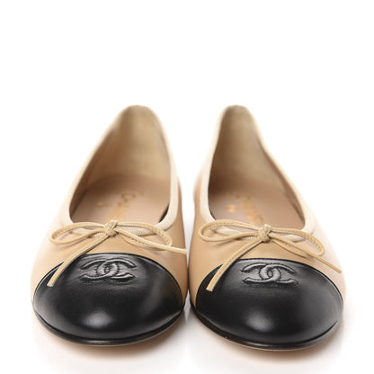 Chanel Lambskin Cap Toe CC Ballerina Flats 40 Beige Black 2 of 10