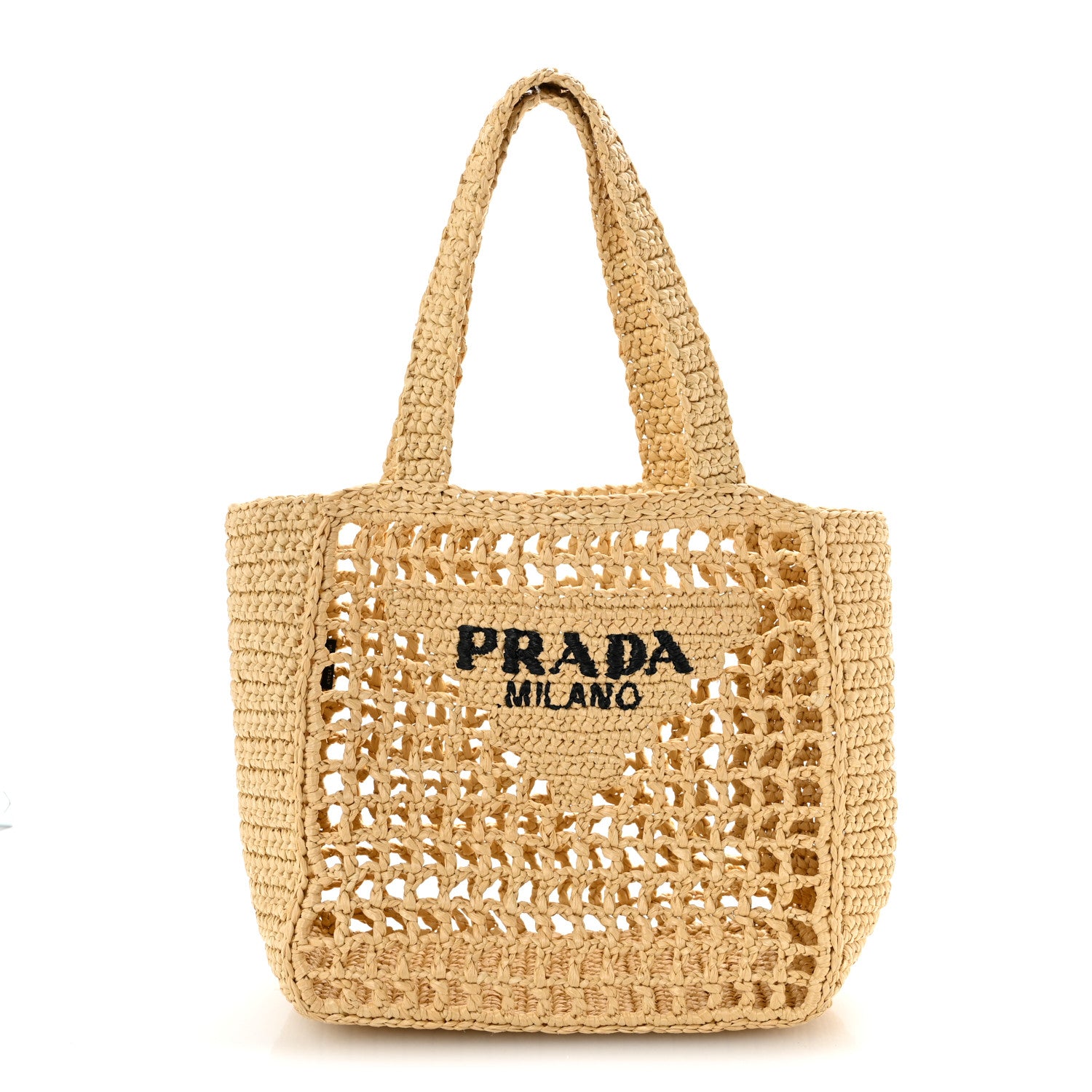 Prada Yarn Raffia Effect Crochet Logo Embroidered Small Tote Bag Naturale 1 of 9