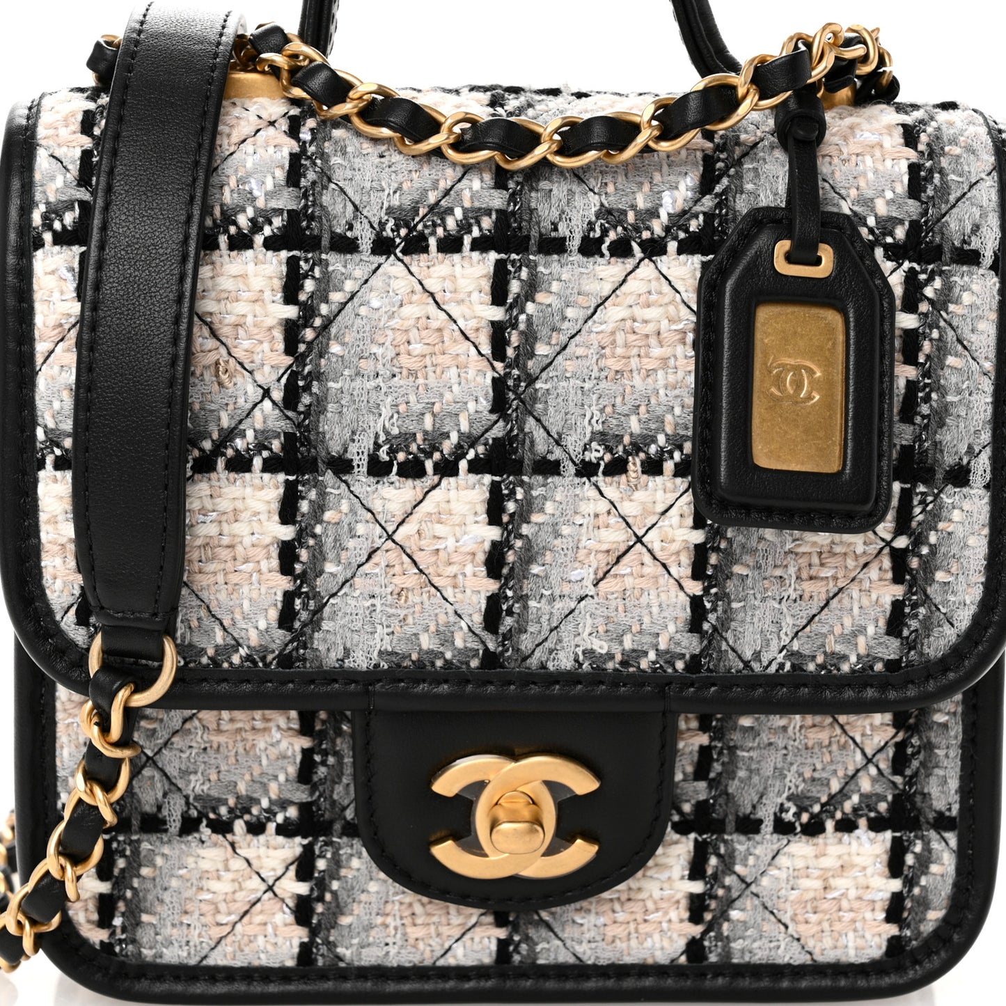 Tweed Calfskin School Memory Mini Top Handle Flap Ecru Grey Beige Black