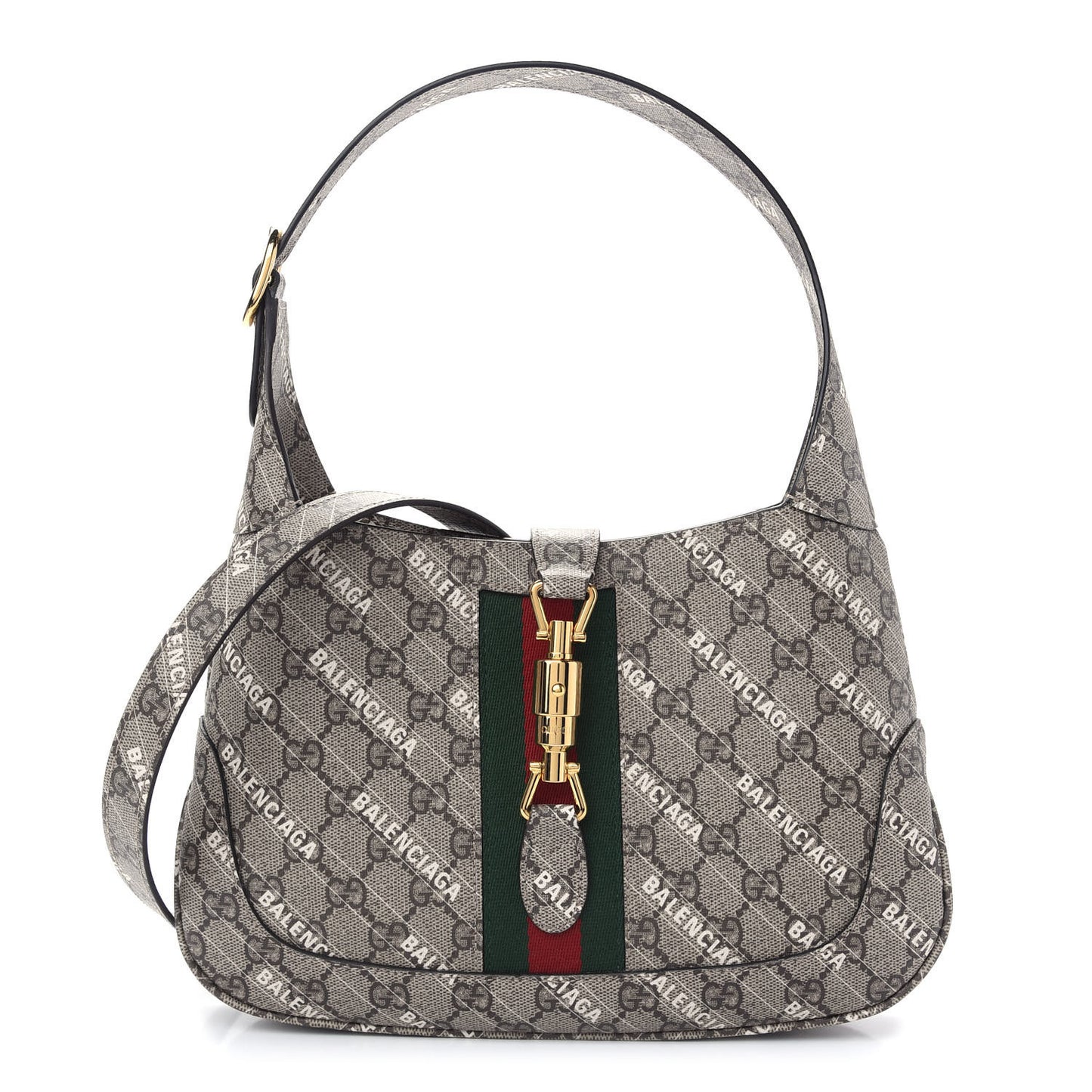 X BALENCIAGA GG Supreme Monogram Striped Logo Print Web Small Jackie 1961 Hobo Beige Ebony Mystic White