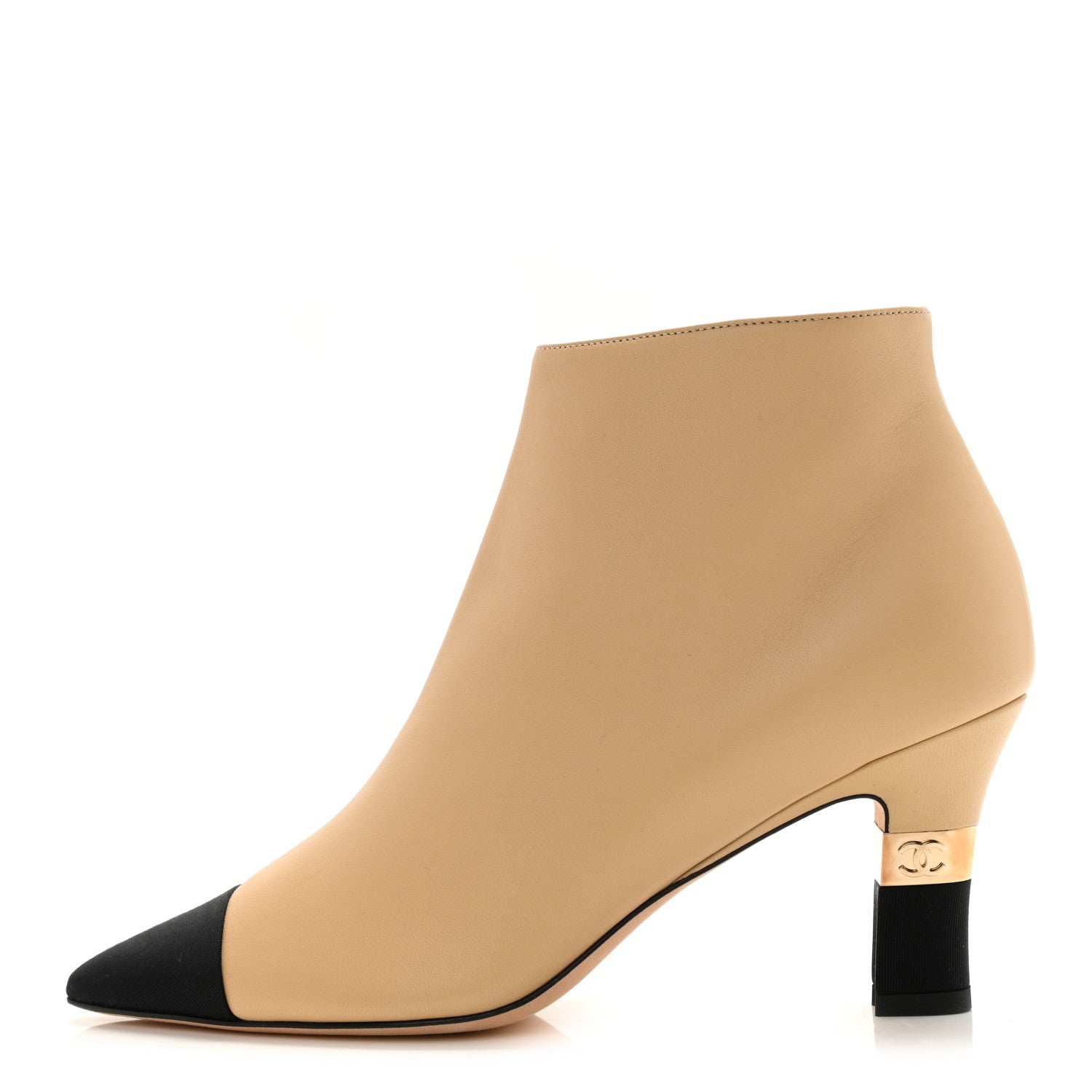 Chanel Lambskin Grosgrain Cap Toe Short Ankle Boots 37.5 Beige Black 1 of 9