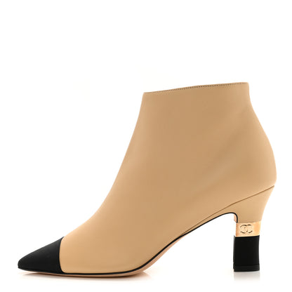 Chanel Lambskin Grosgrain Cap Toe Short Ankle Boots 37.5 Beige Black 1 of 9