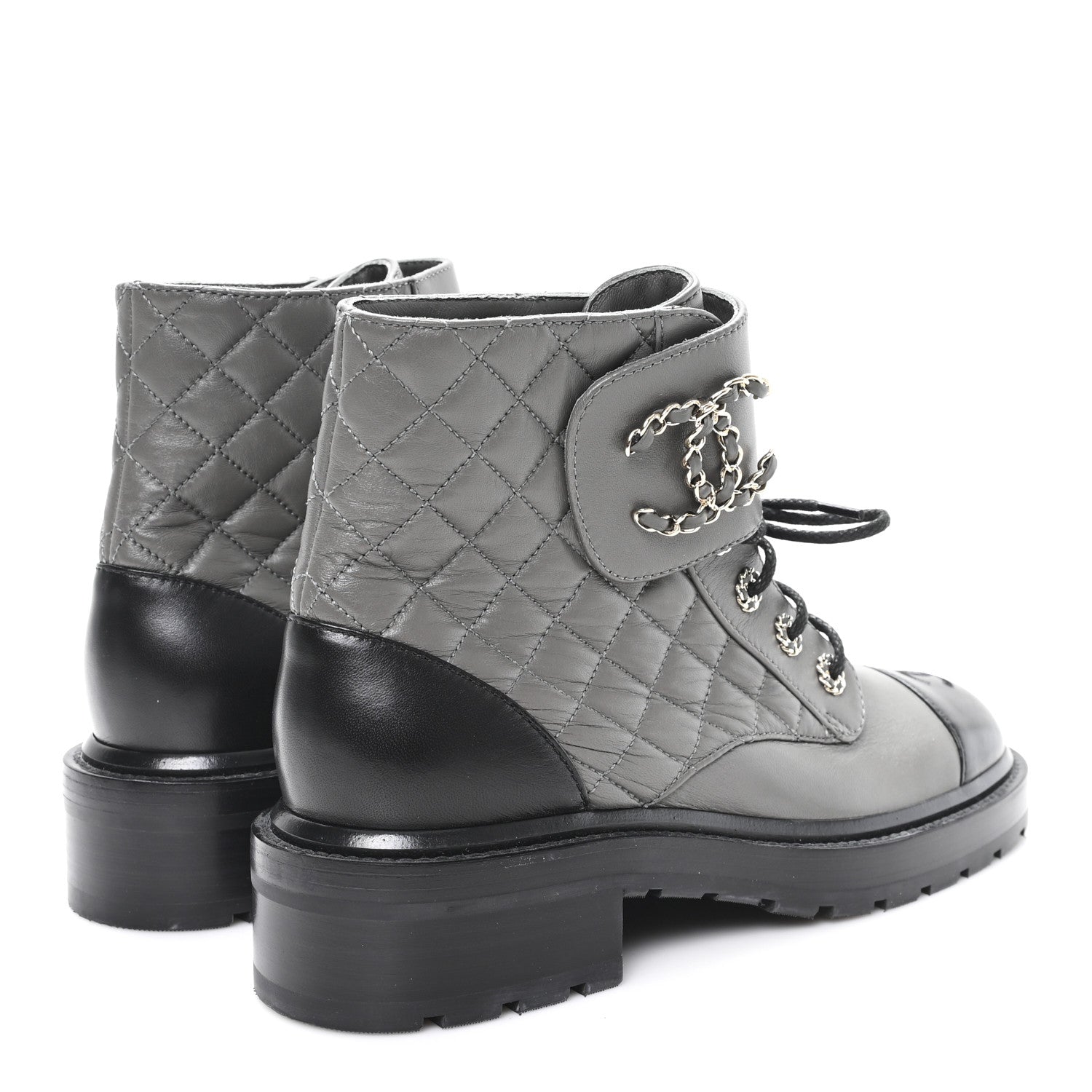 Chanel Shiny Lambskin Quilted Lace Up Combat Boots 39 Grey Black 5 of 9