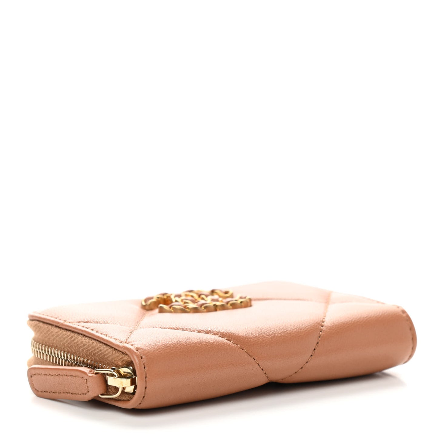Lambskin Quilted Chanel 19 Zip Around Coin Purse Wallet Brown