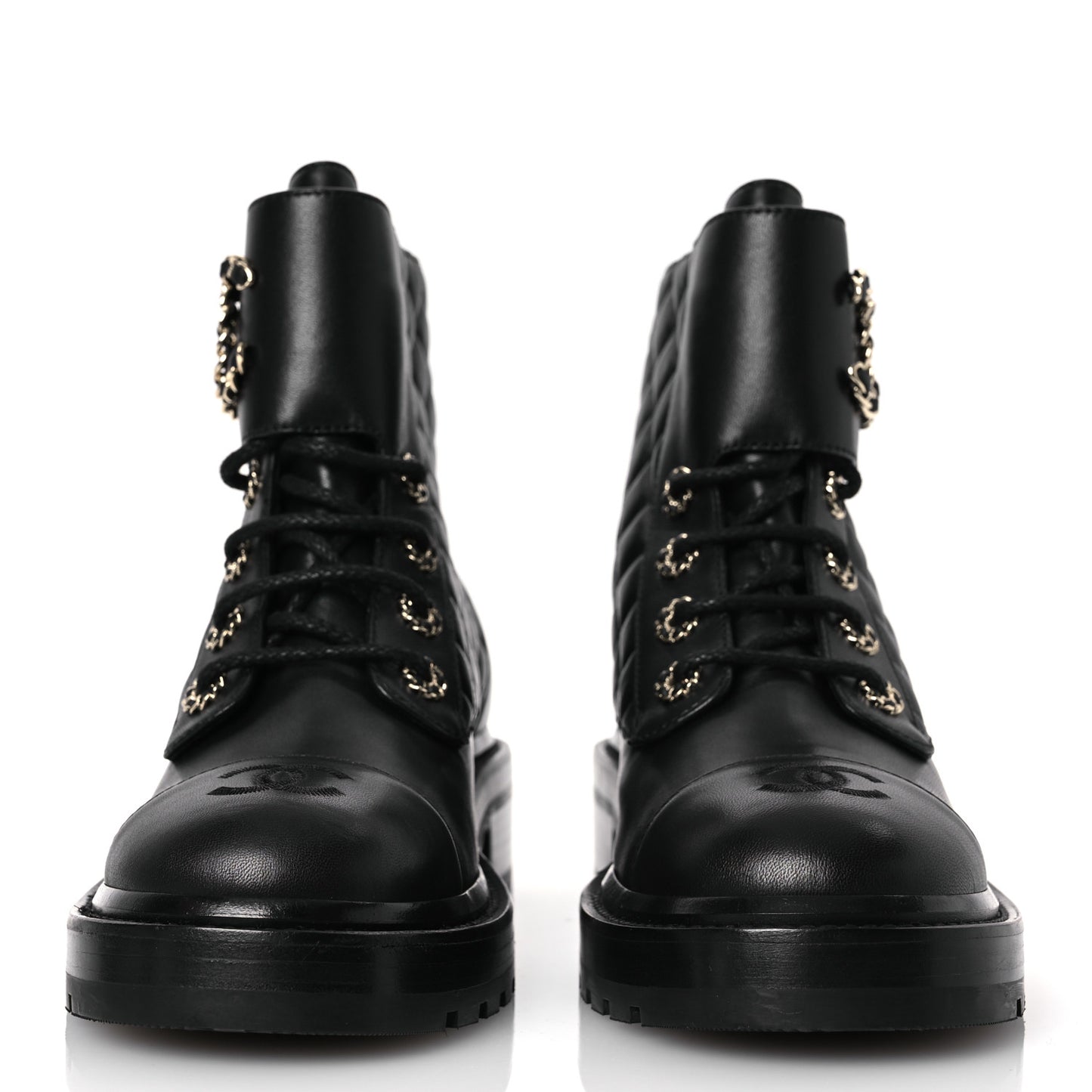 Shiny Lambskin Quilted Lace Up Combat Boots 38.5 Black