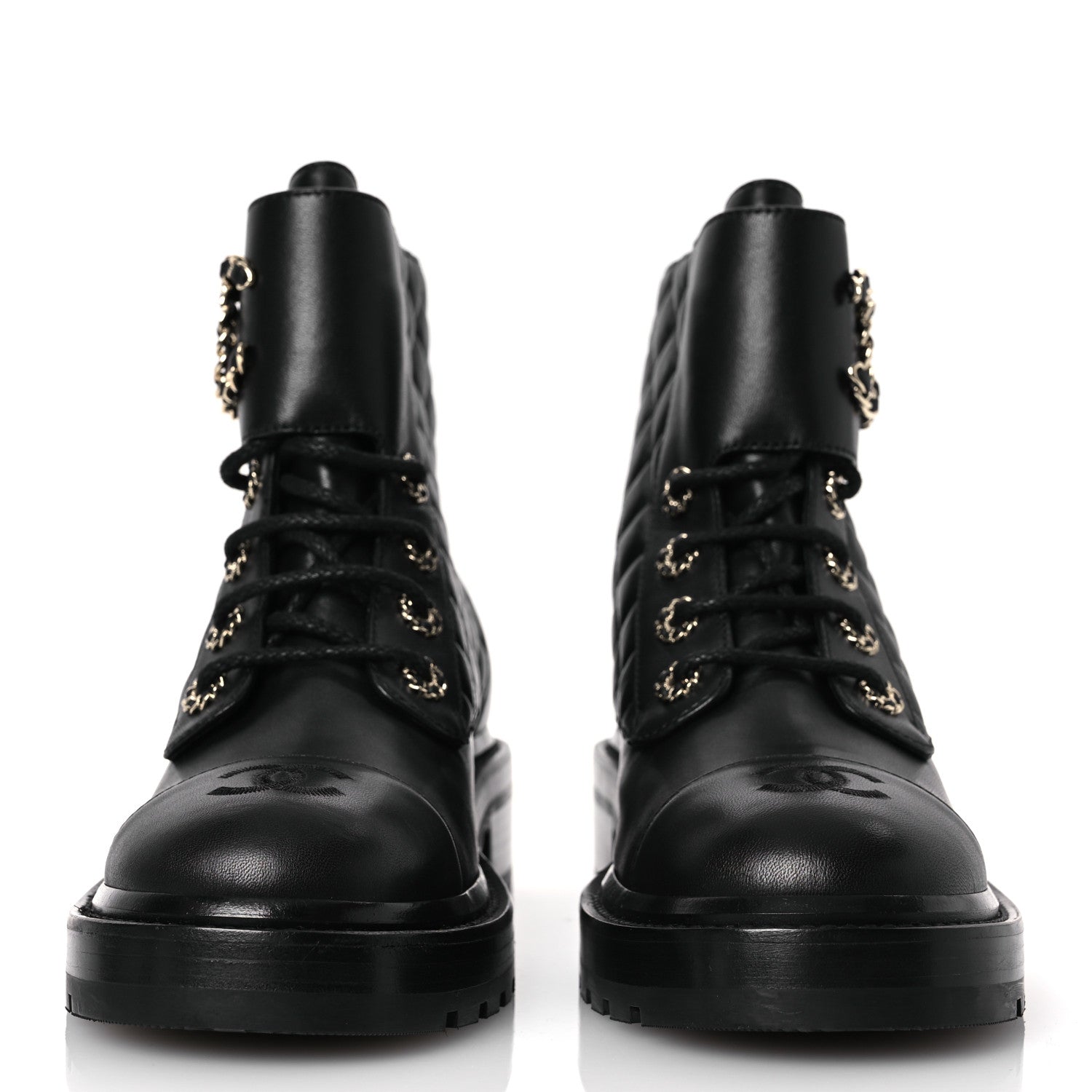 Chanel Shiny Lambskin Quilted Lace Up Combat Boots 38.5 Black 2 of 11