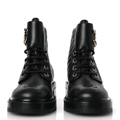 Chanel Shiny Lambskin Quilted Lace Up Combat Boots 38.5 Black 2 of 11
