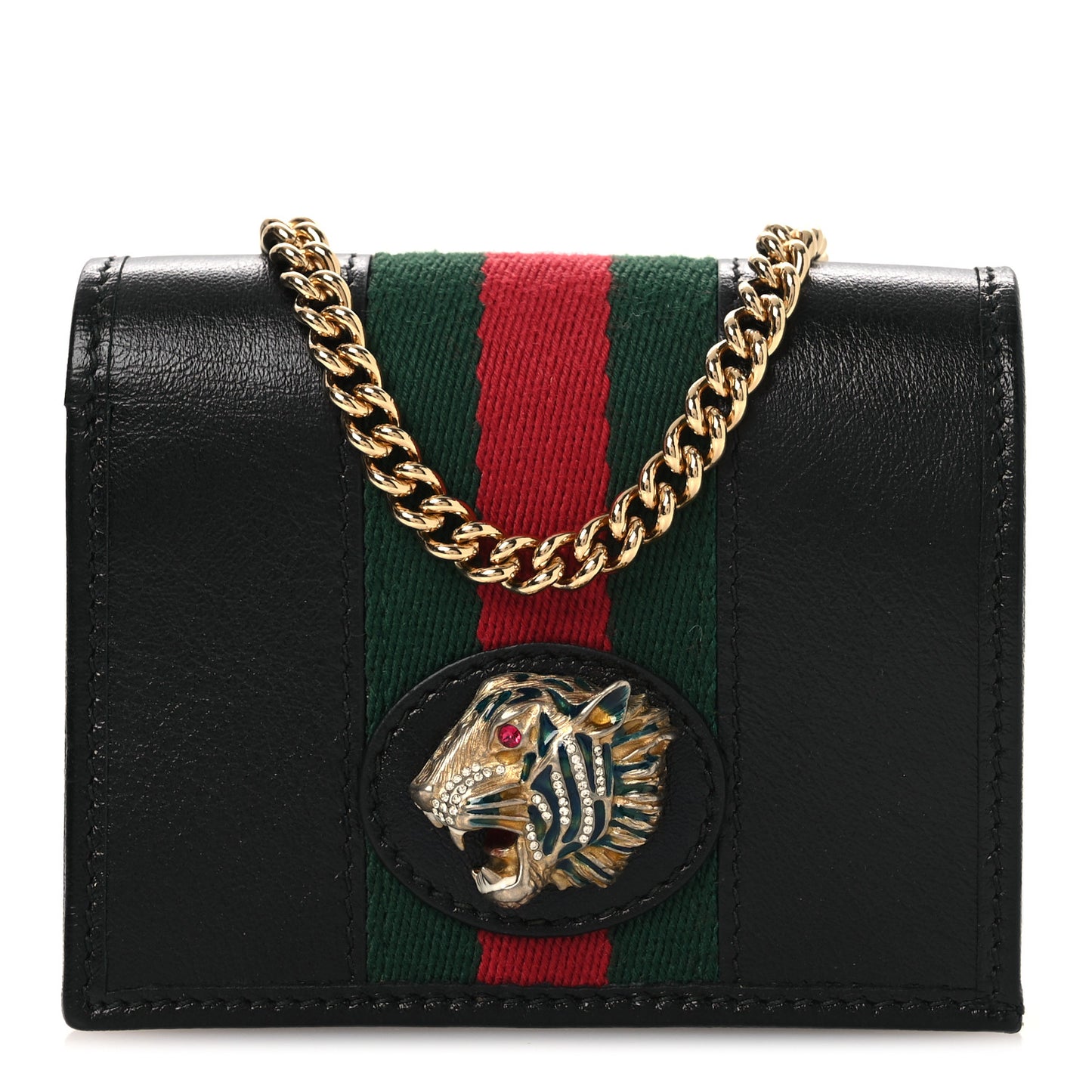 Calfskin Web Rajah Chain Card Case Wallet Black