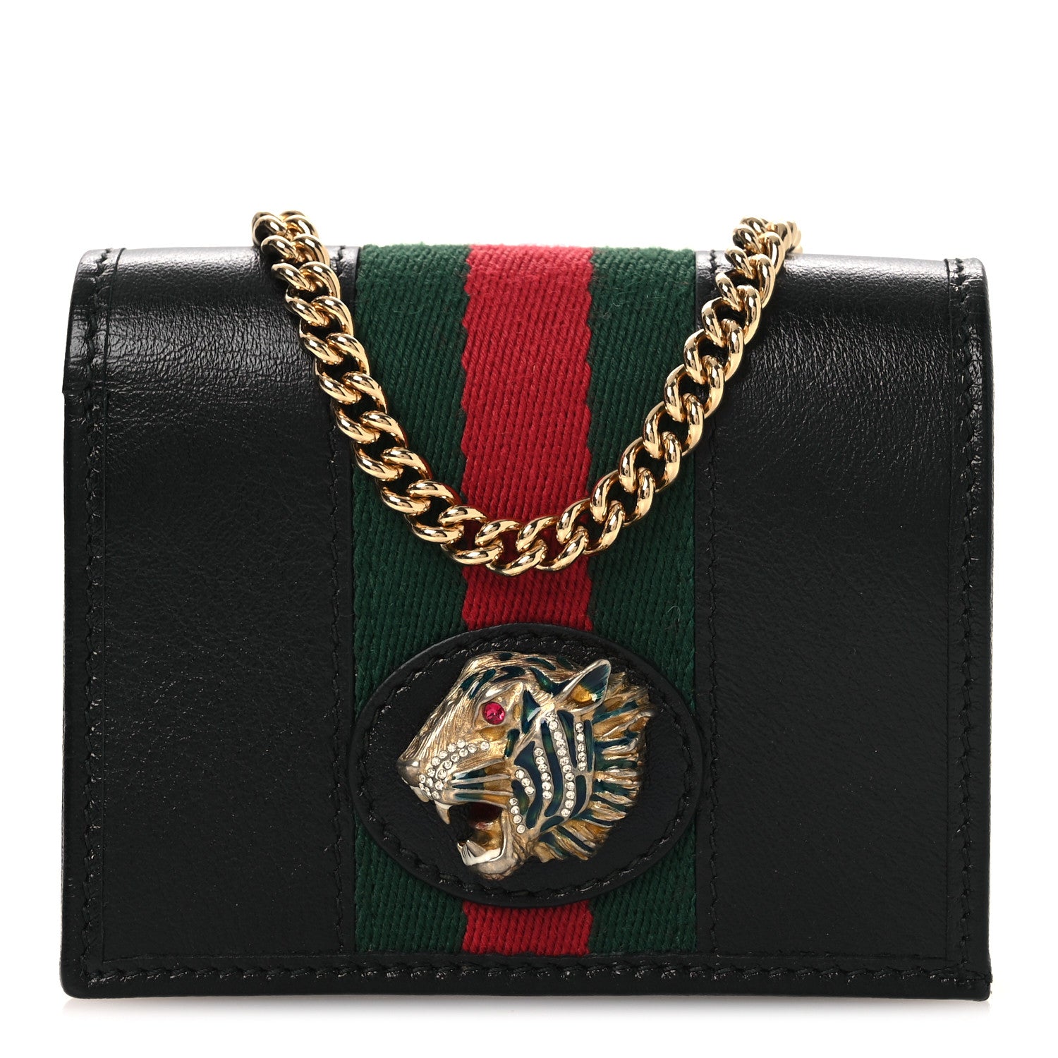 Gucci Calfskin Web Rajah Chain Card Case Wallet Black 1 of 9