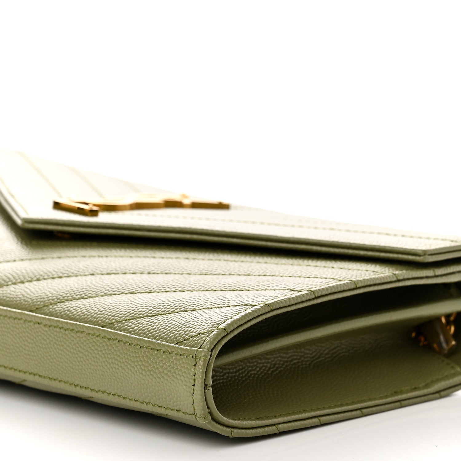 Saint Laurent Grain De Poudre Matelasse Chevron Monogram Chain Wallet Light Sage 9 of 10