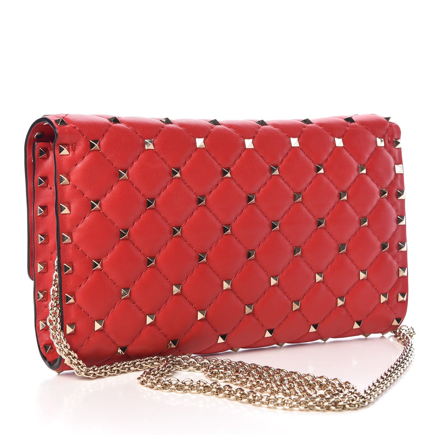 Lambskin Rockstud Spike Wallet on Chain Red