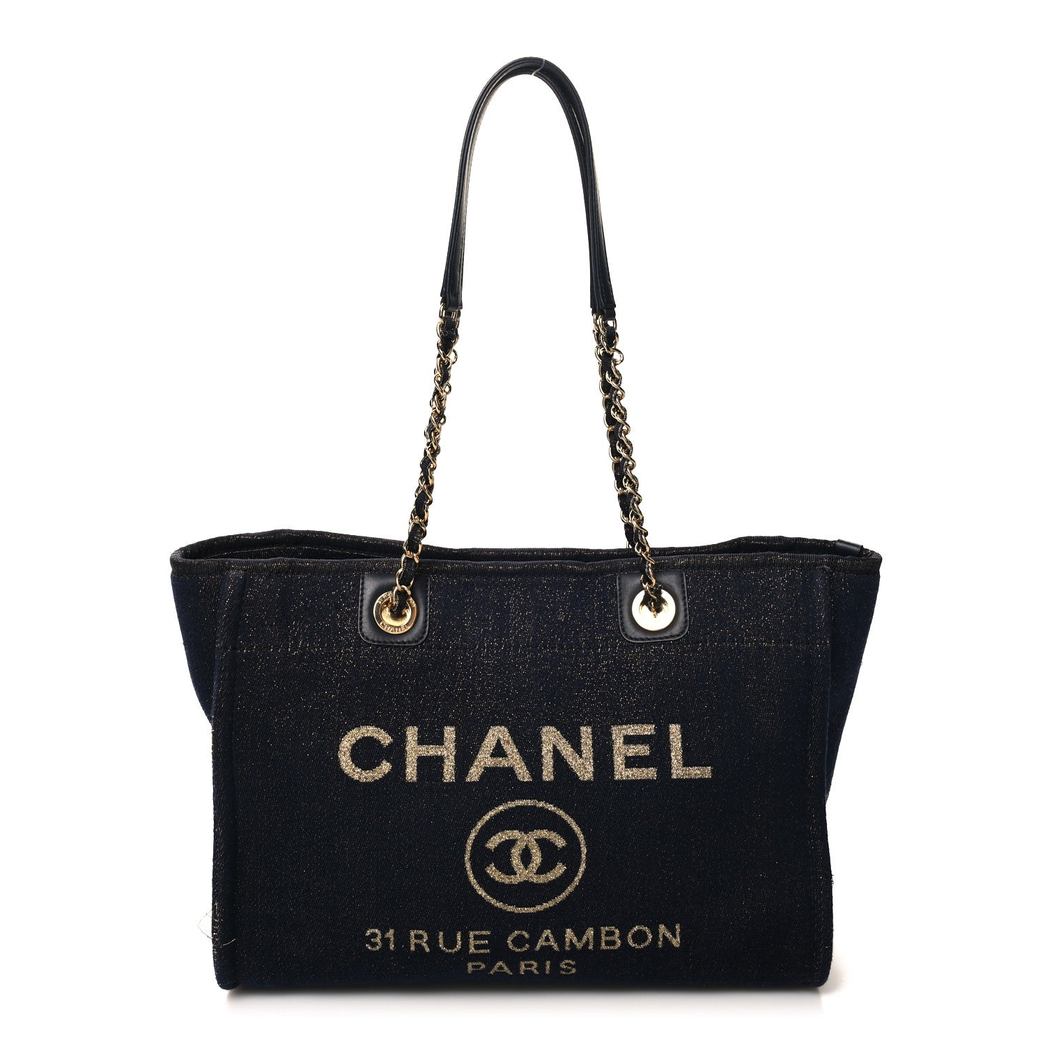 Chanel Lurex Canvas Small Deauville Tote Navy Blue Gold 1 of 12