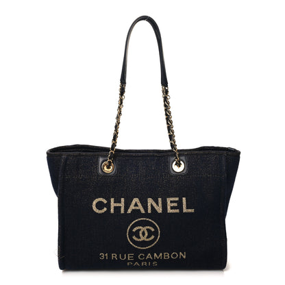 Chanel Lurex Canvas Small Deauville Tote Navy Blue Gold 1 of 12