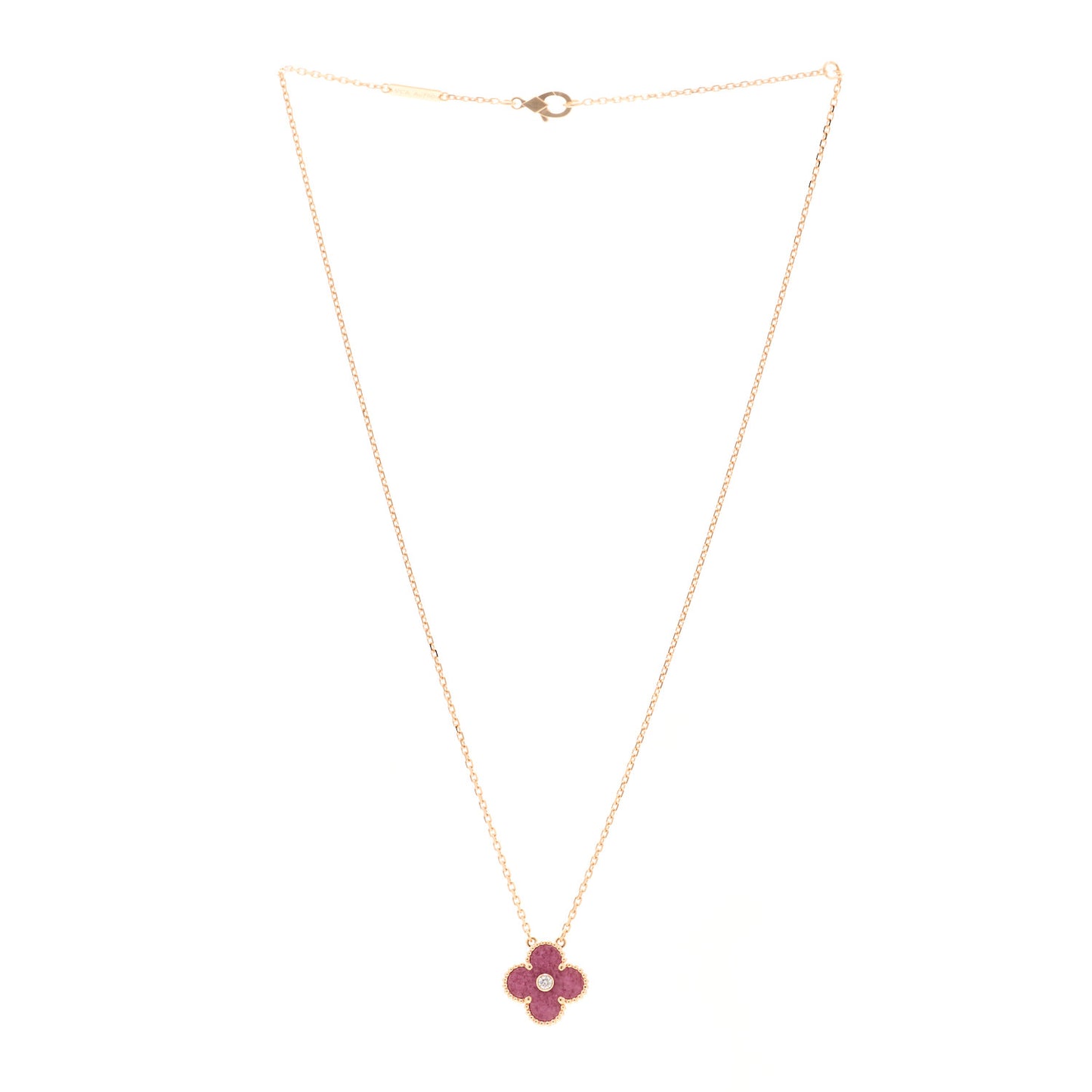 18K Rose Gold Diamond Rhodonite Vintage Alhambra Pendant Necklace