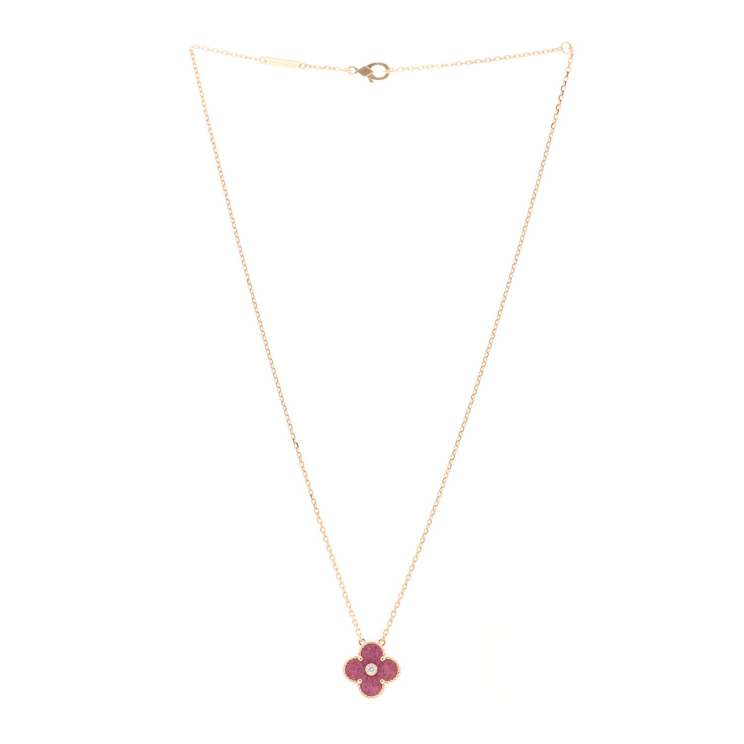Van Cleef & Arpels 18K Rose Gold Diamond Rhodonite Vintage Alhambra Pendant Necklace 3 of 5