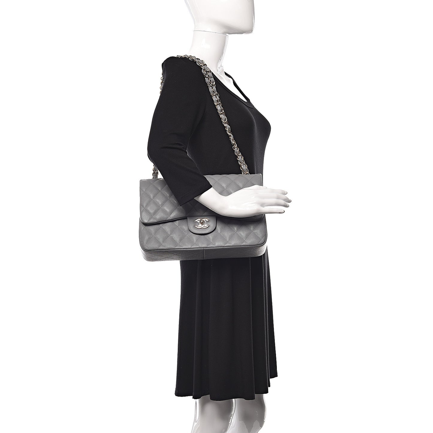 Caviar Quilted Jumbo Double Flap Light Grey