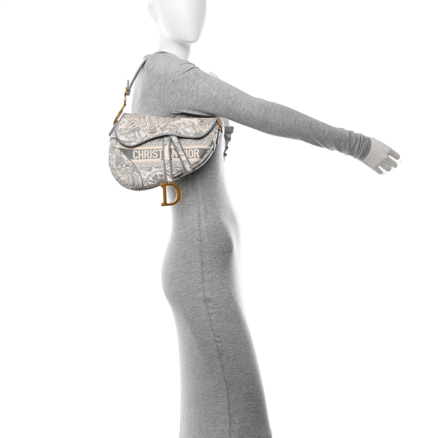 Canvas Embroidered Toile de Jouy Saddle Bag Gray