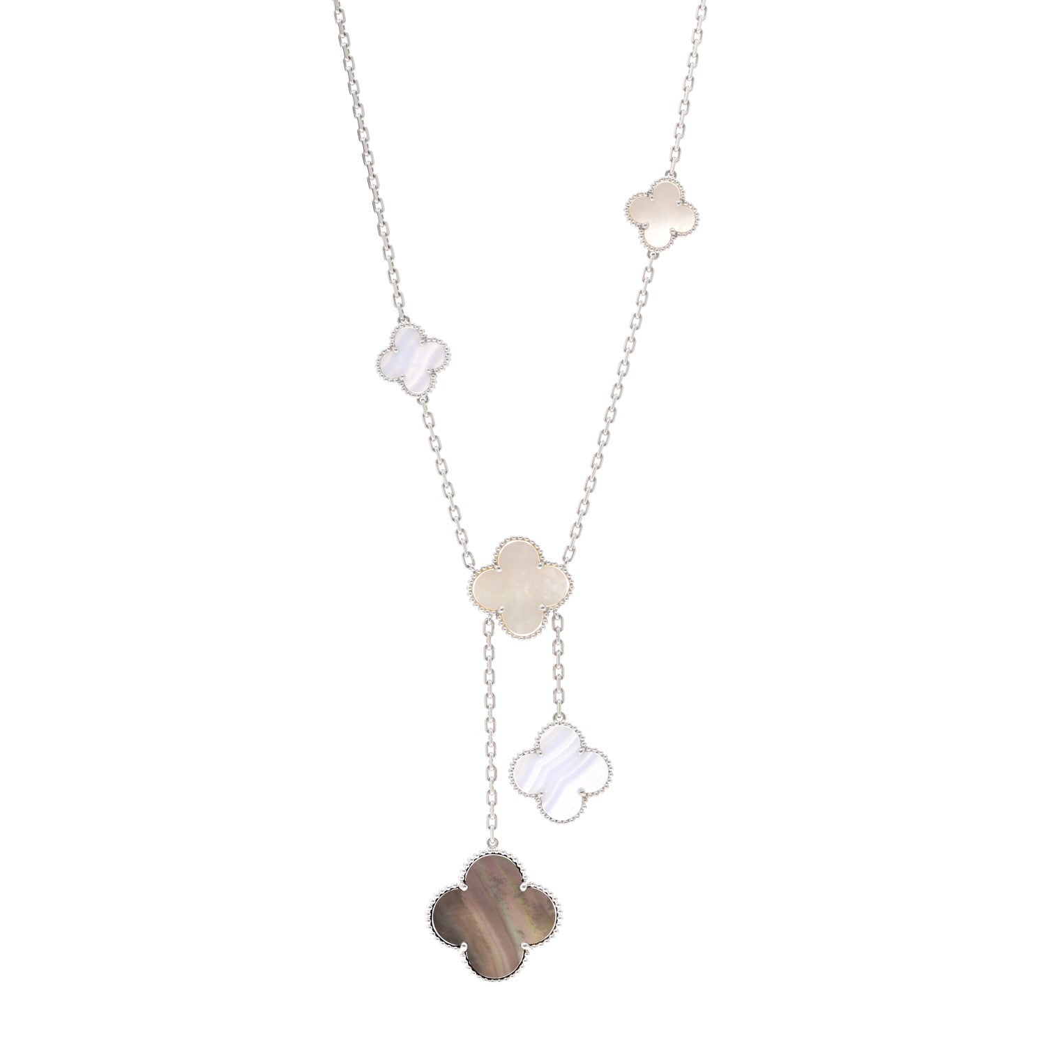 Van Cleef & Arpels 18K White Gold Mother of Pearl Chalcedony 6 Motifs Magic Alhambra Necklace 1 of 6