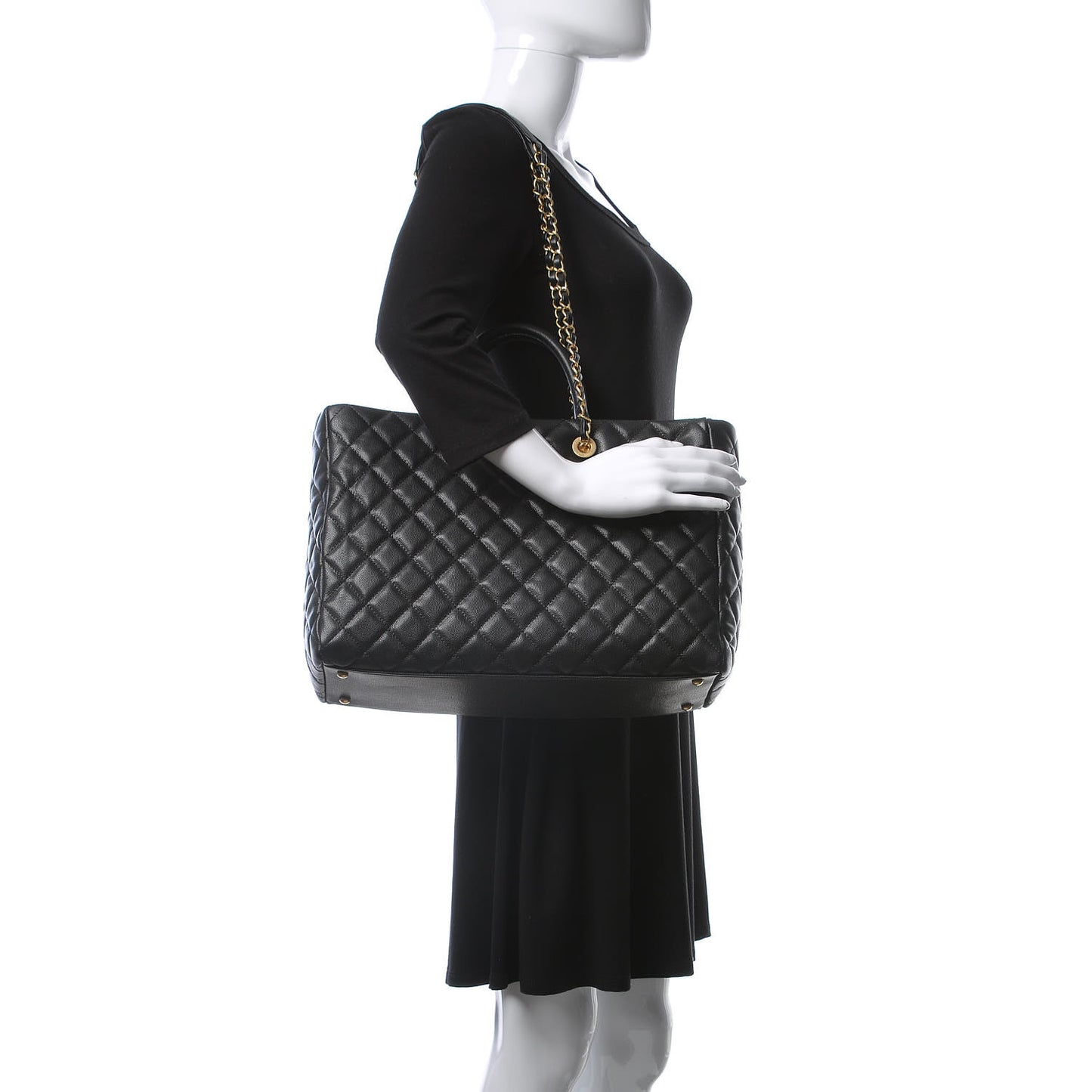 Caviar Quilted Large Coco Handle Shopping Tote Black