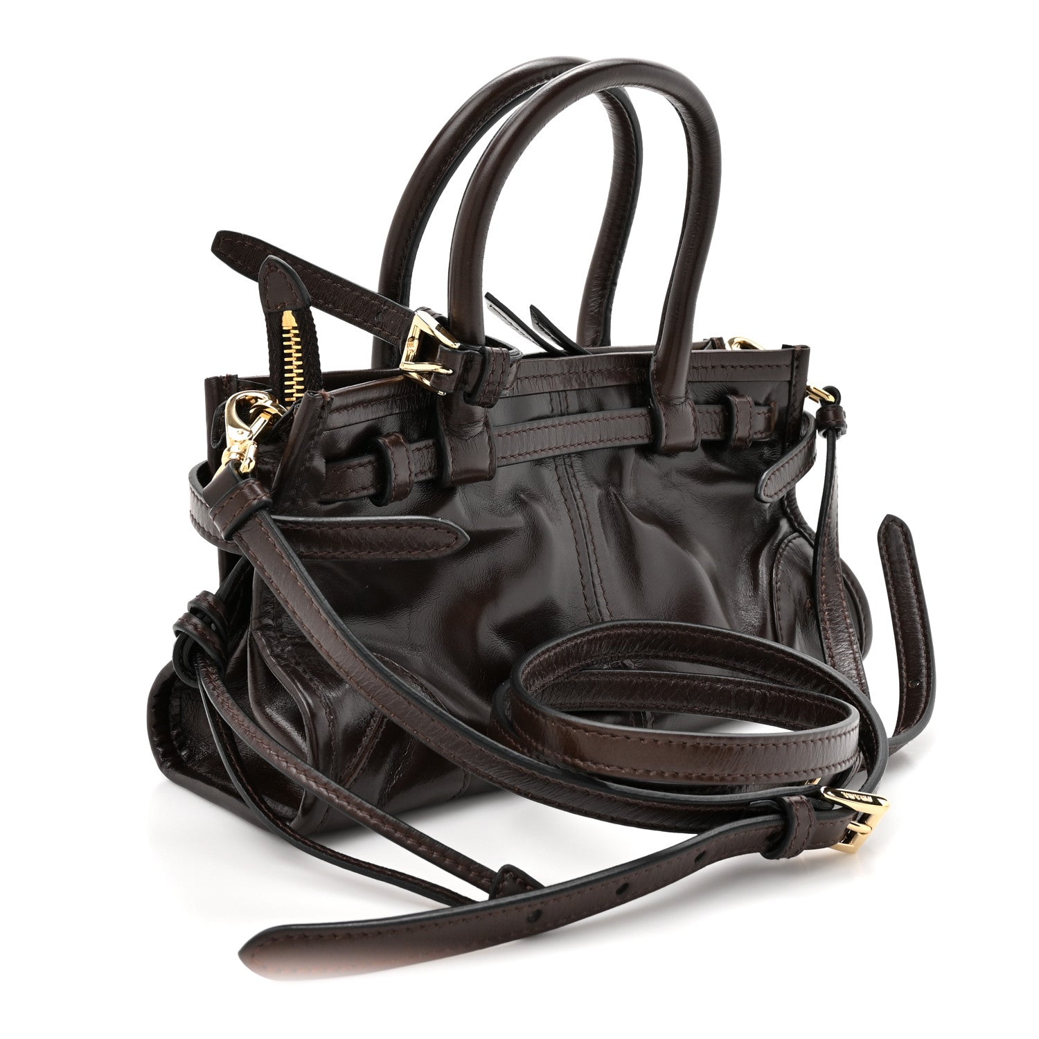 Prada Glossy Calfskin Triangle Mini Bonnie Shoulder Bag Moro 3 of 10