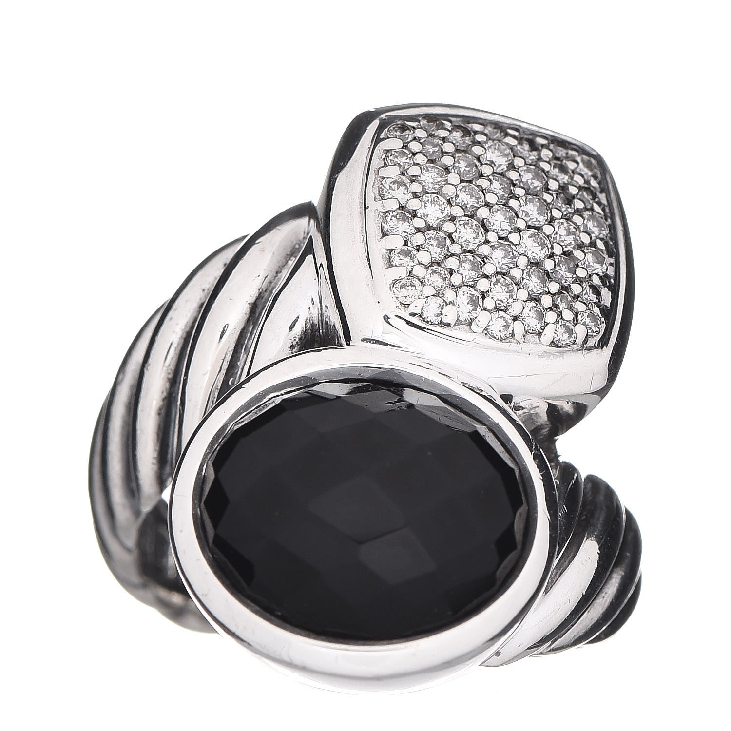 David Yurman Sterling Silver Diamond Black Onyx Bypass Cable Ring 52 6 1 of 5