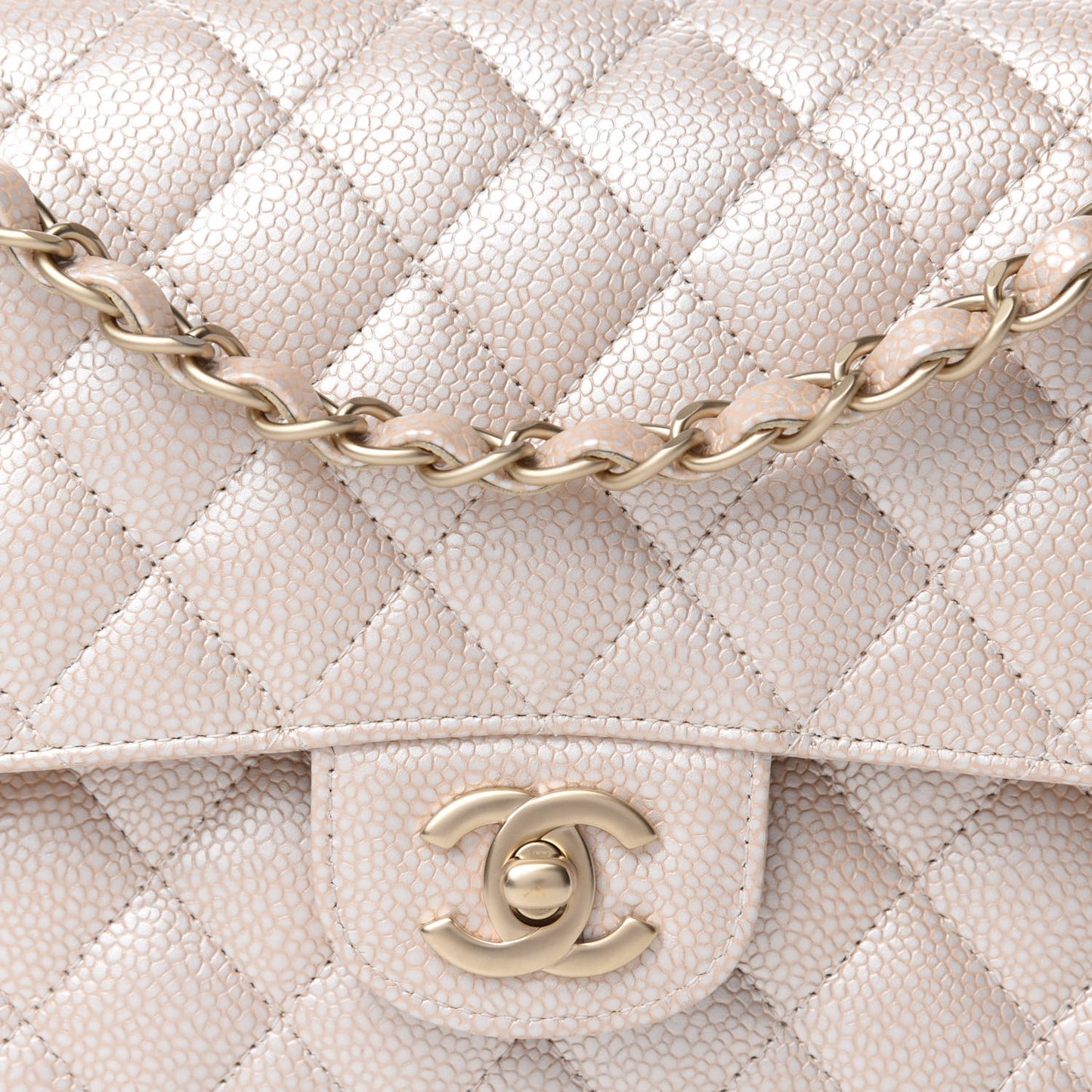 Pearly Caviar Quilted Medium Double Flap Light Beige