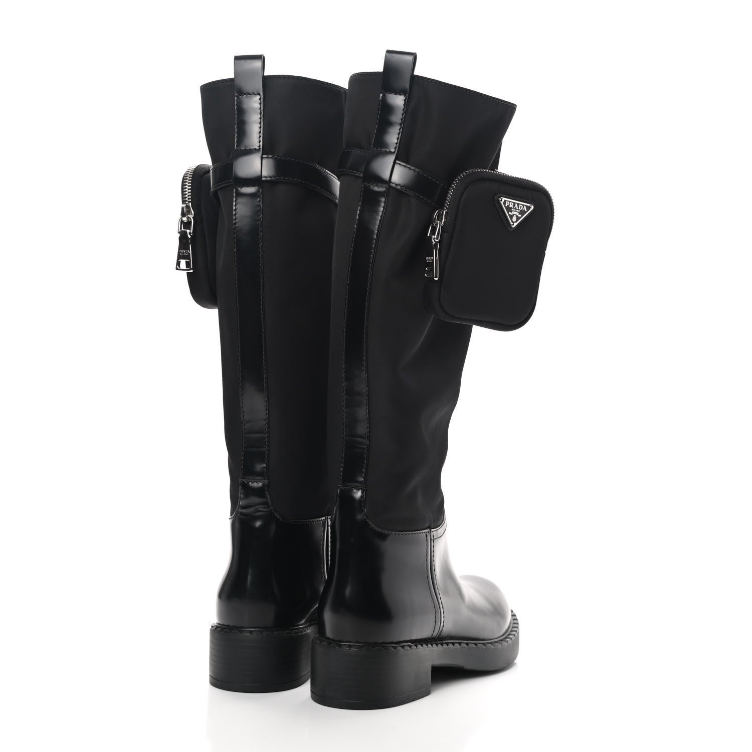 Prada Spazzolato Re-Nylon Metal Triangle Logo Pouch Pocket Tall Boots 38 Black 4 of 7