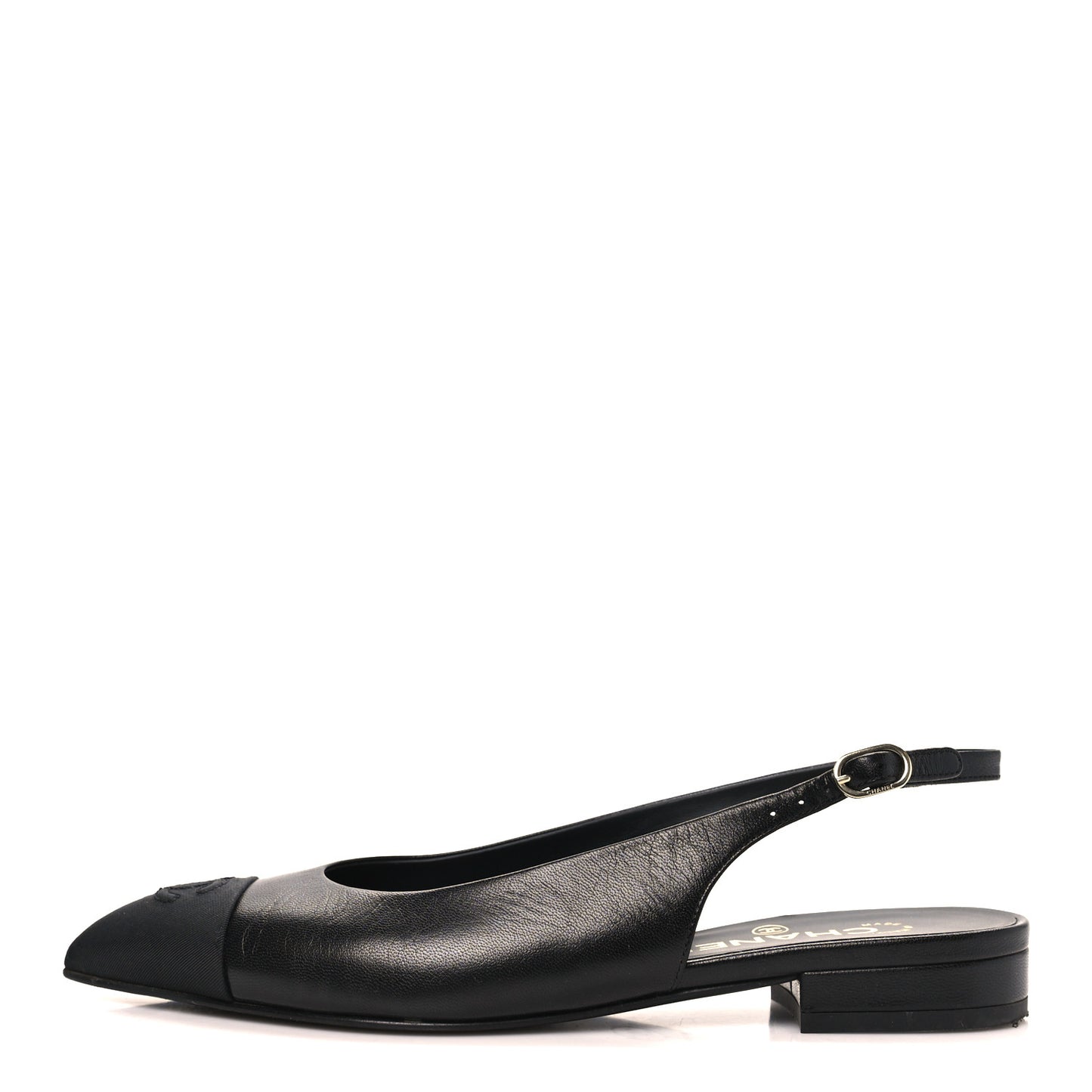 Goatskin Grosgrain Pointed Toe CC Slingback Flats 36.5 Black