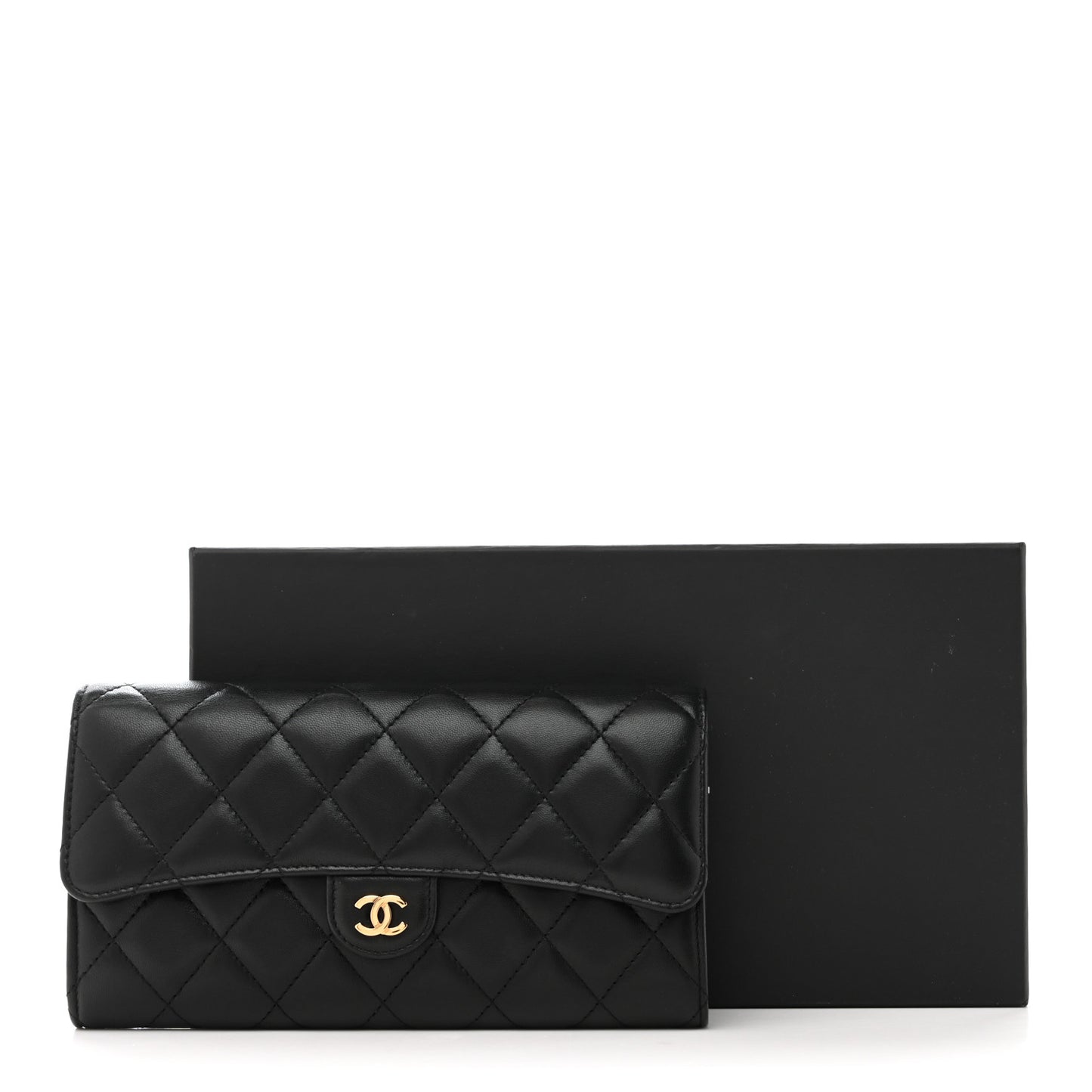 Lambskin Quilted Large Gusset Flap Wallet Black