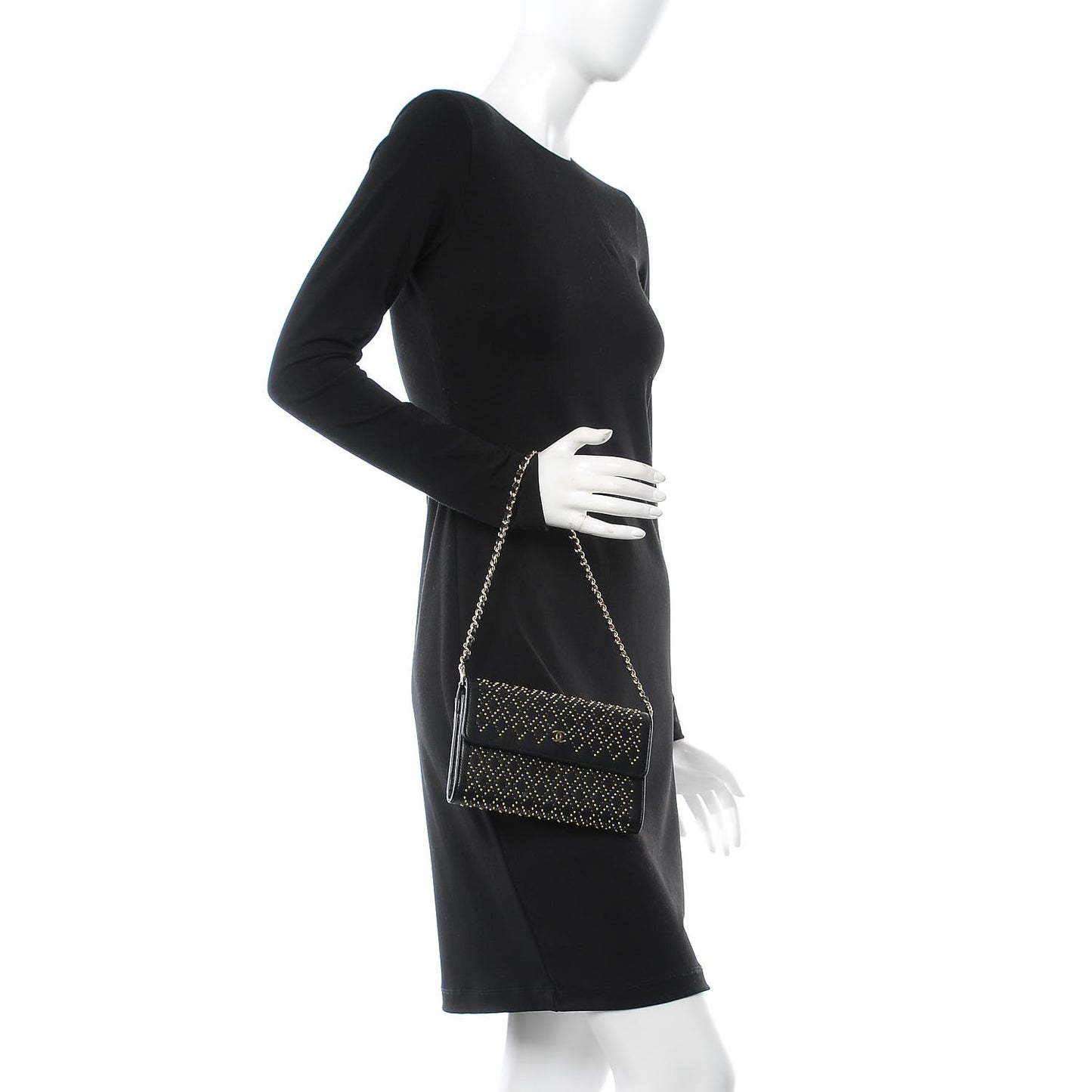 Lambskin Studded Wallet on Removable Chain Black