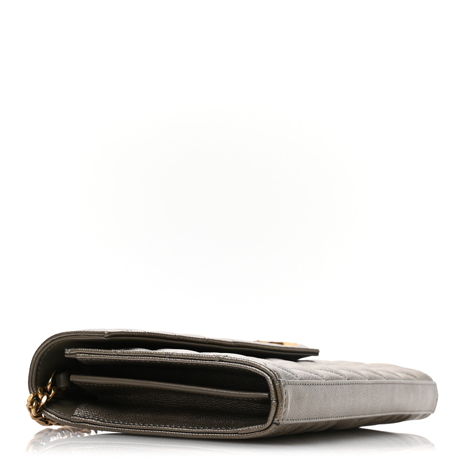 Saint Laurent Metallic Grain De Poudre Mixed Matelasse Triquilt Monogram Chain Wallet Piombo 4 of 11