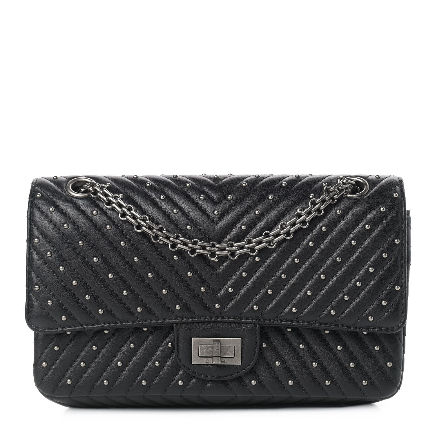 Chanel Sheepskin Chevron Quilted Studded 2.55 Reissue 225 Flap Black 1 of 11
