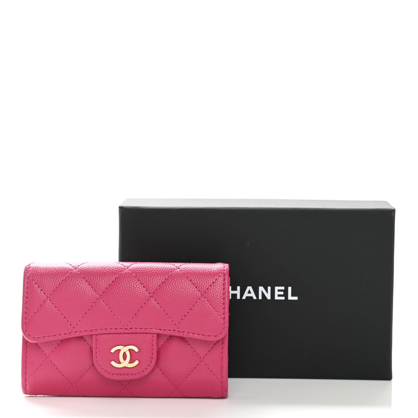 Caviar Quilted Flap Card Holder Wallet Fuchsia