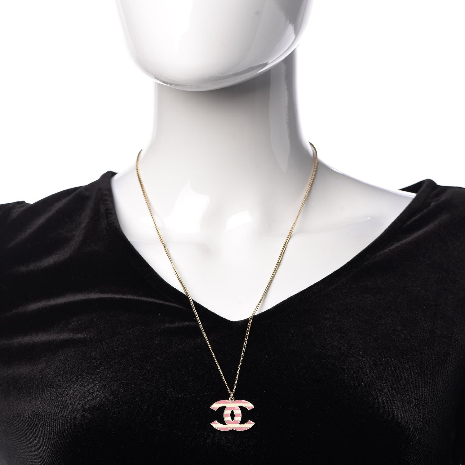Chanel Enamel Striped CC Necklace Gold Ivory Pink 2 of 6