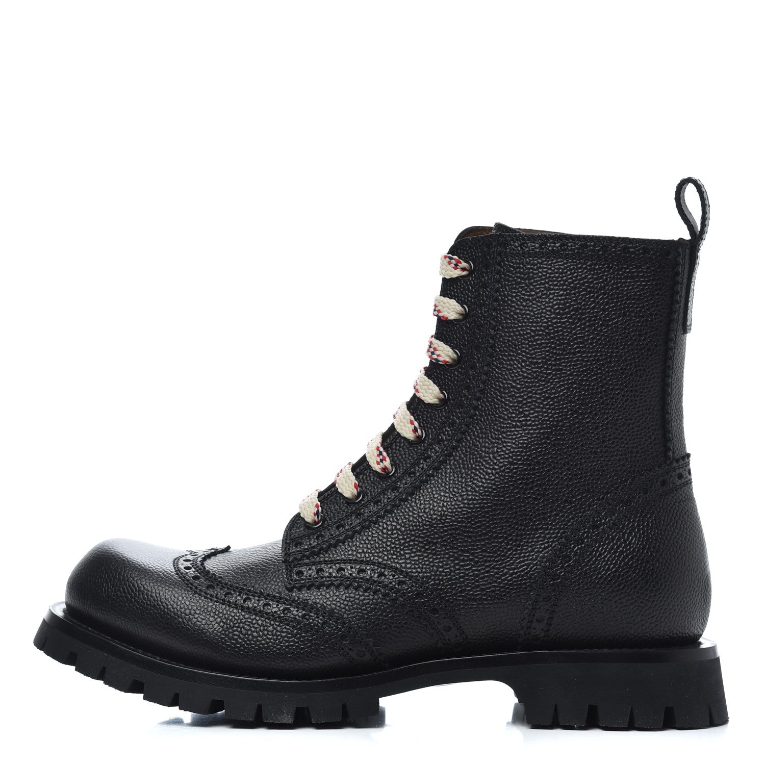 Gucci Grained Calfskin Mens Brogue Wingtip Lug Sole Boots 8 Black 1 of 9