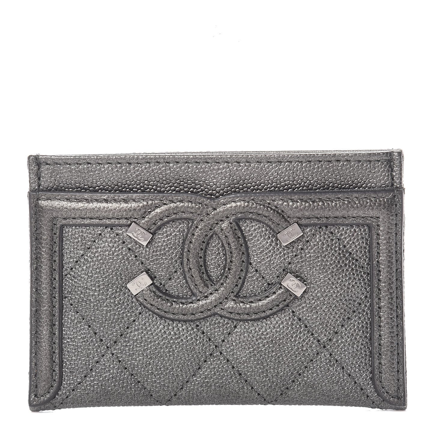 Metallic Caviar Quilted Filigree Card Holder Dark Silver