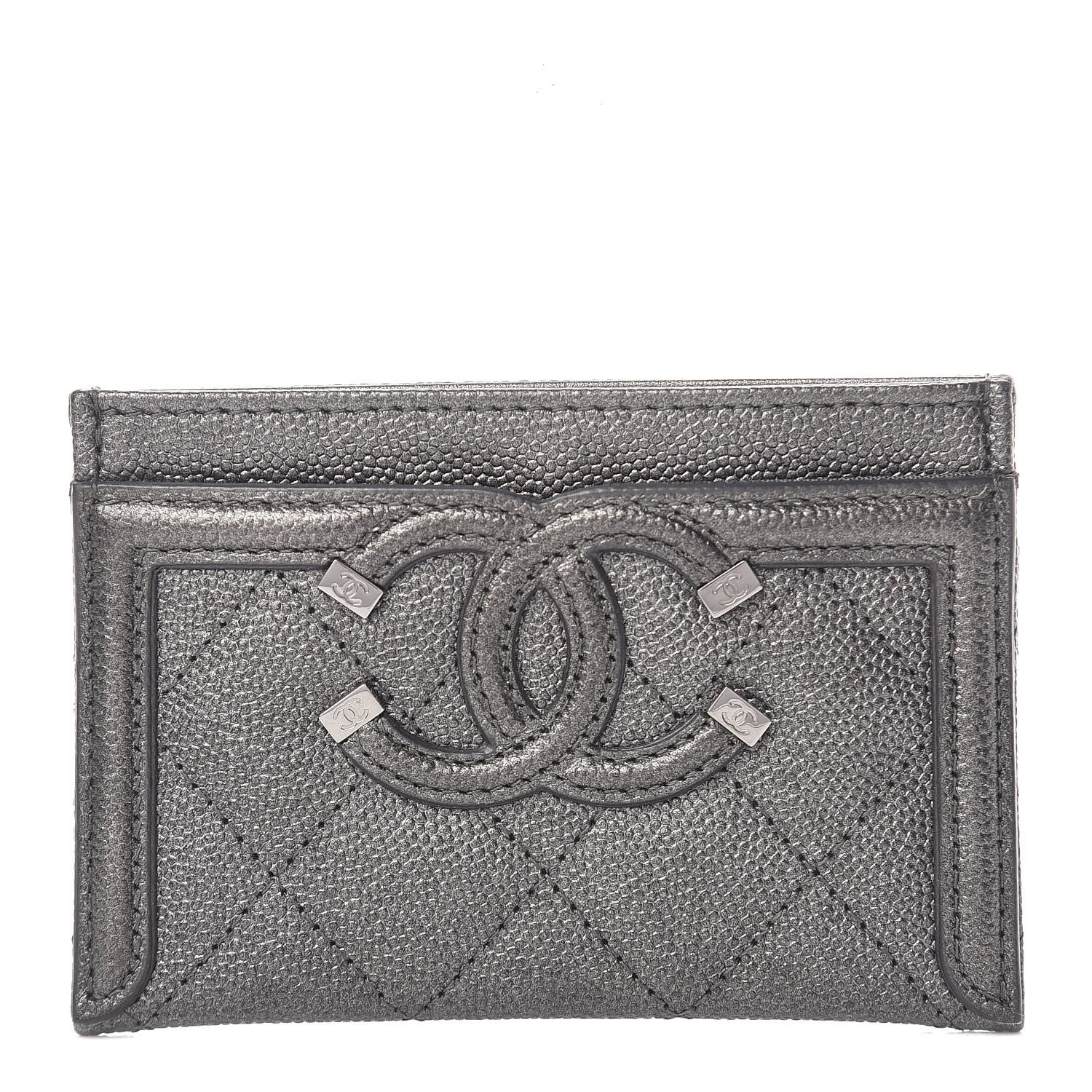 Chanel Metallic Caviar Quilted Filigree Card Holder Dark Silver 1 of 9