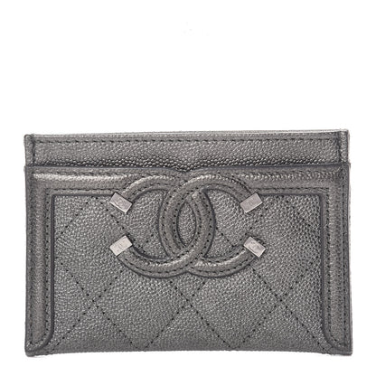 Chanel Metallic Caviar Quilted Filigree Card Holder Dark Silver 1 of 9