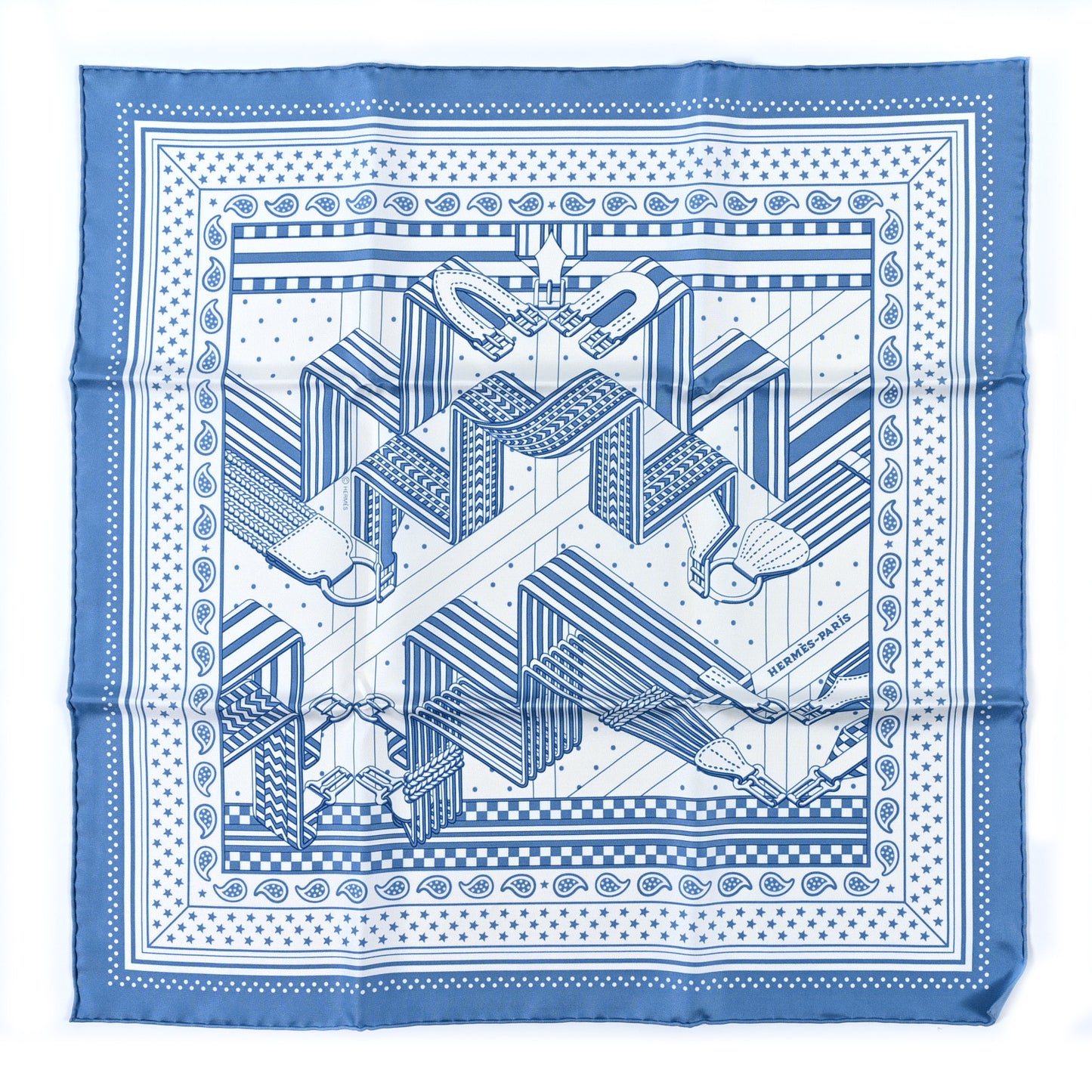 Silk Sangles En ZigZag Bandana Scarf 55 Bleu Jean White
