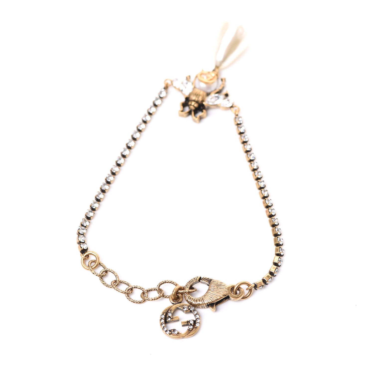 Gucci Crystal Pearl Bee Bracelet Aged Gold 2 of 5