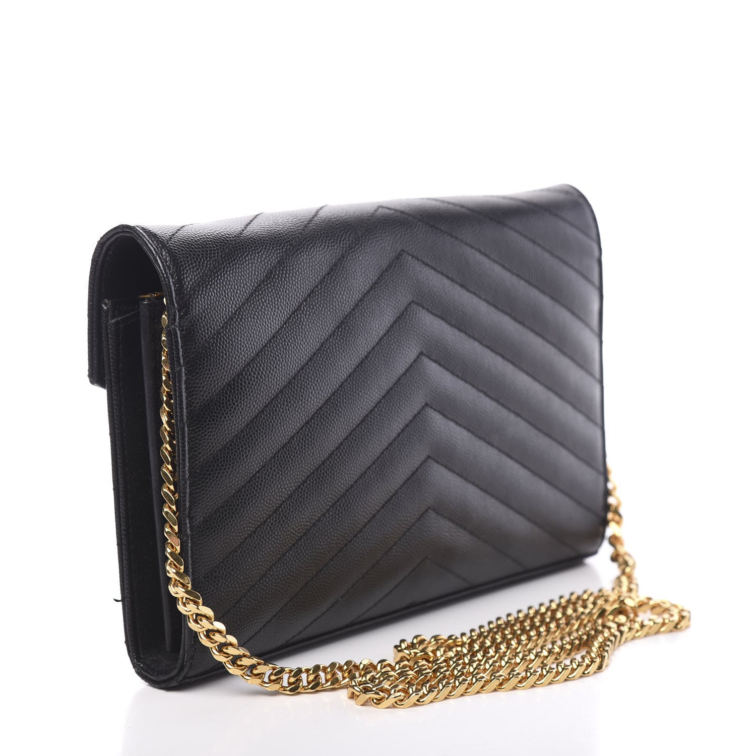 Saint Laurent Grain De Poudre Matelasse Chevron Monogram Chain Wallet Black 2 of 10