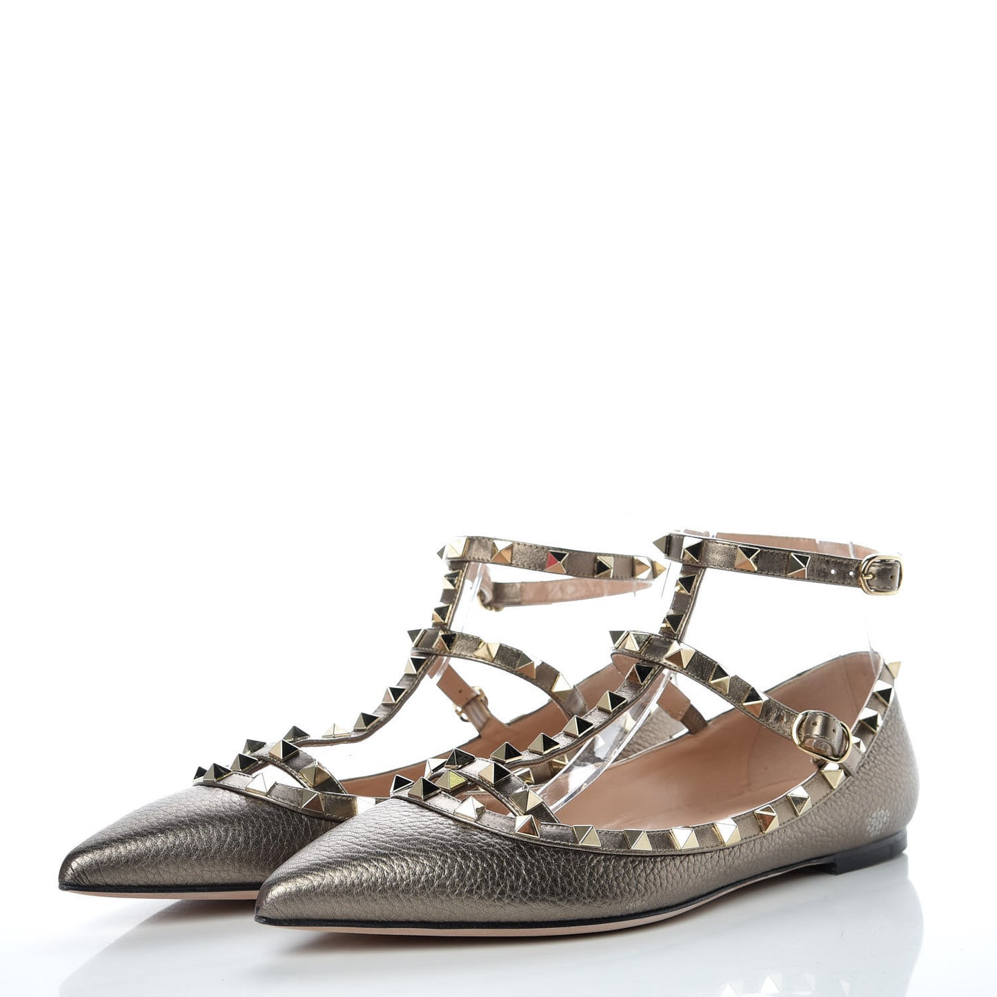 Metallic Pebbled Calfskin Rockstud Cage Ballerina Flats 39 Sasso