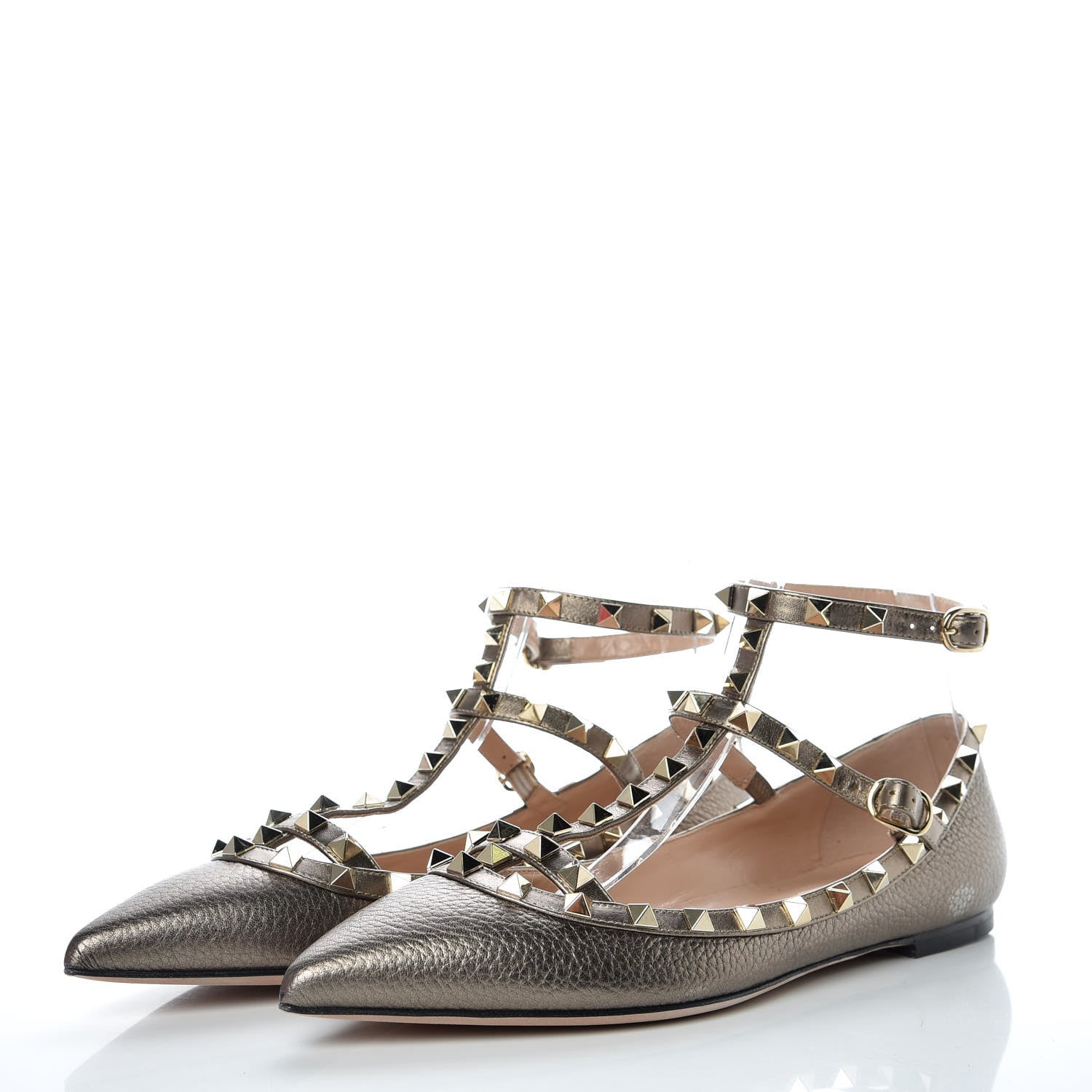 Valentino Garavani Metallic Pebbled Calfskin Rockstud Cage Ballerina Flats 39 Sasso 2 of 7