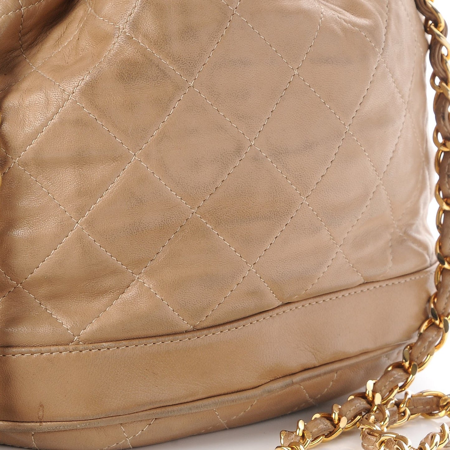 Lambskin Quilted Tassel Drawstring Pouch Beige