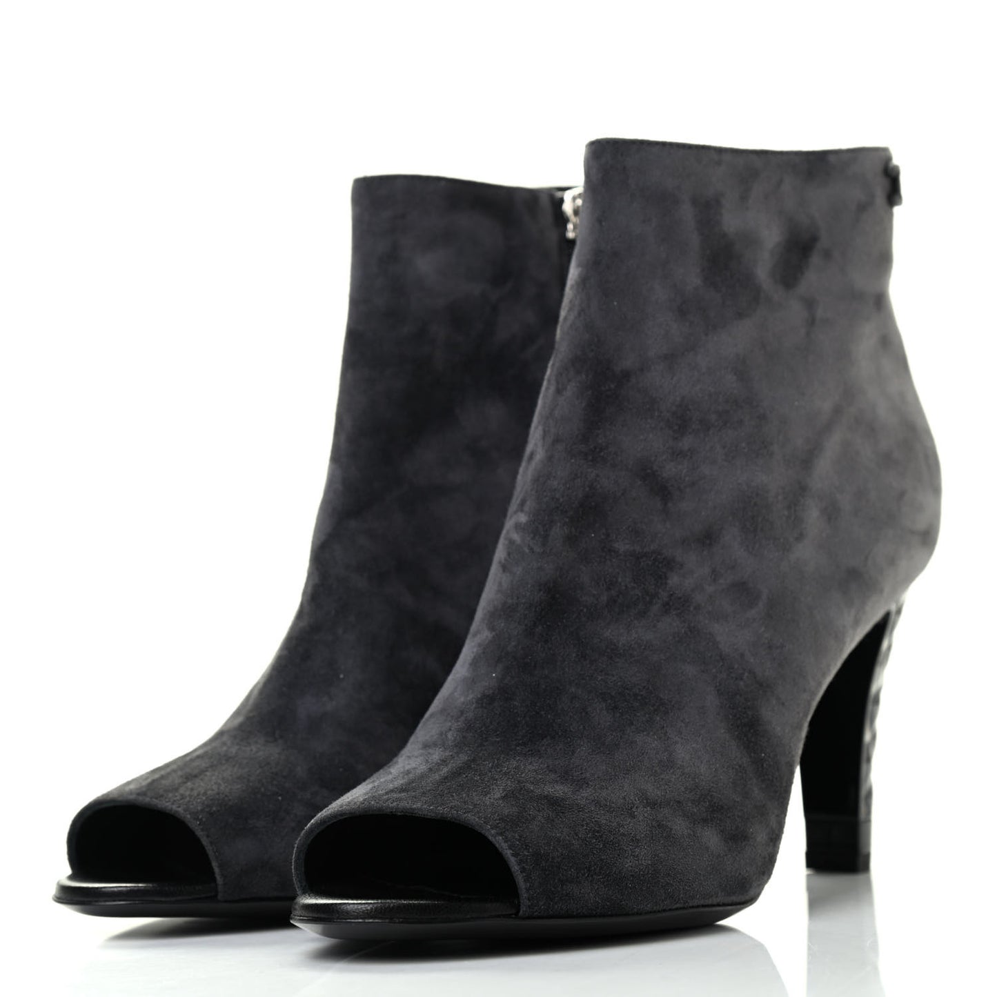 Suede Calfskin Patent Quilted Peep Toe Short Boots 38 Dark Grey