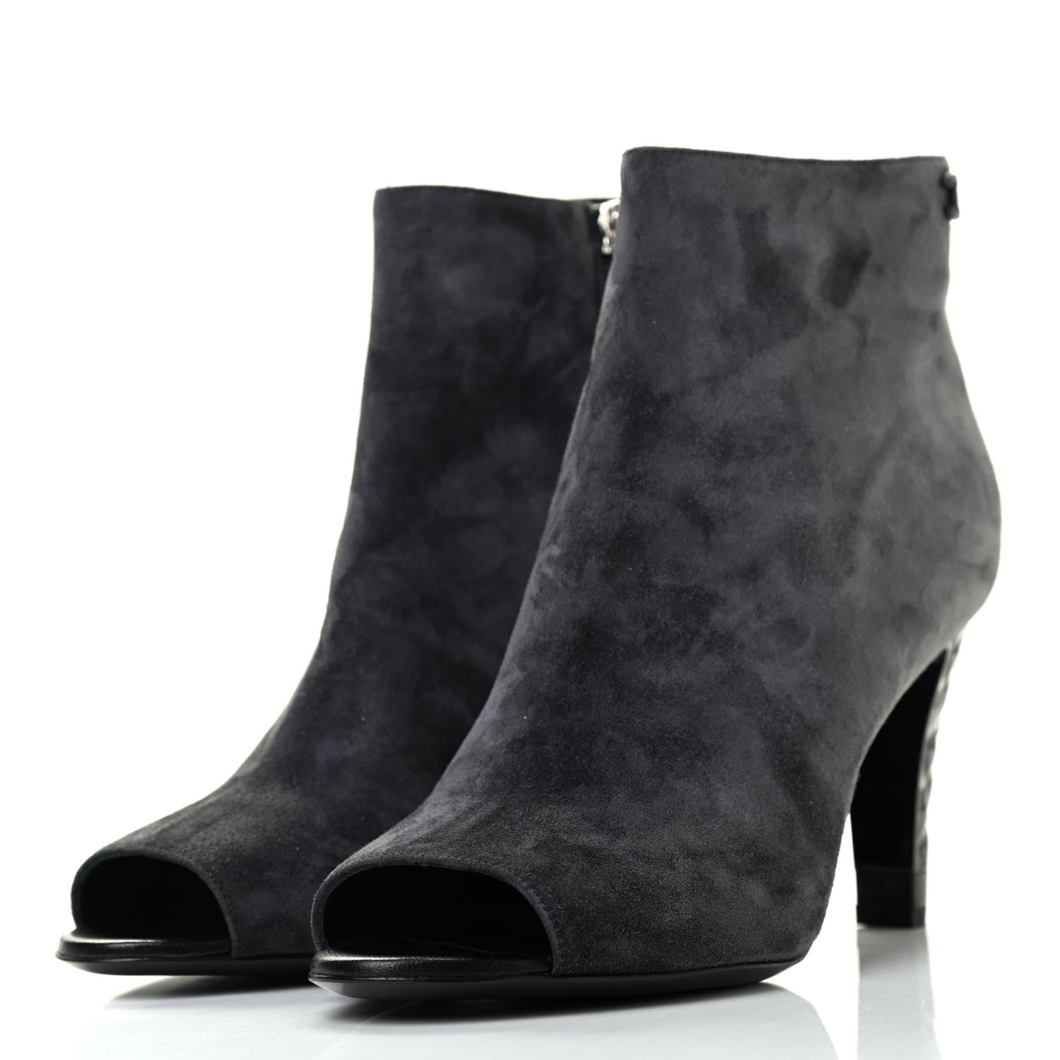 Chanel Suede Calfskin Patent Quilted Peep Toe Short Boots 38 Dark Grey 3 of 11